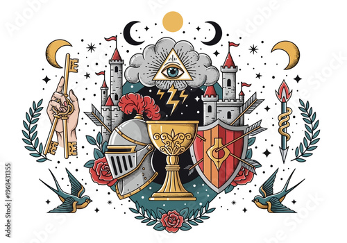 Medieval Heraldry and Mystical Occult Symbols Illustration featuring Knight Helmet, Golden Chalice, All-Seeing Eye, Castle, and Esoteric Tattoo Design Elements