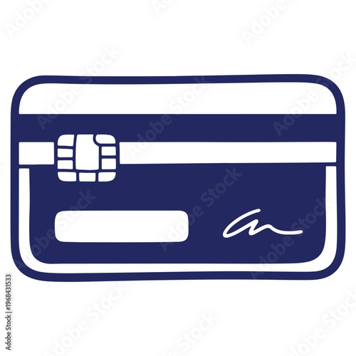 Stylized credit card design illustration in navy blue and white with electronic chip and signature strip offering financial concepts