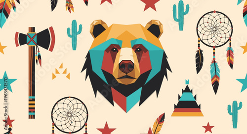 Geometric Bear Head and Native American Tribal Elements Illustration with Dreamcatcher, Tomahawk, and Cactus in Southwestern Style
