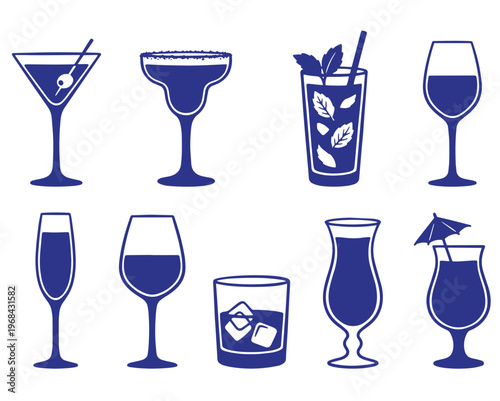 Stylized blue silhouettes of assorted drinkware including martini margarita mojito wine champagne lowball hurricane and tropical cocktail glass with umbrella arranged in two rows representing bar and 
