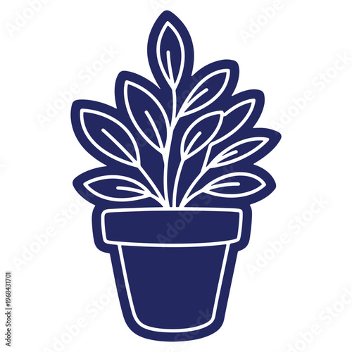 Stylized potted plant icon with dark blue tones and outline for simplistic designs and illustrations of nature