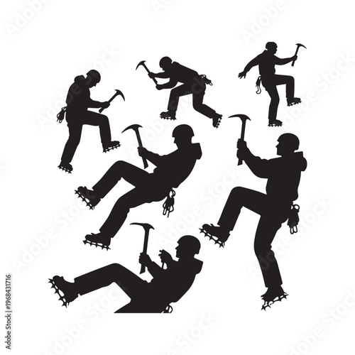  Collection Of Black Silhouette Icons Featuring Mountaineers Climbing With Ice Axes Equipment. 