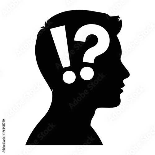 Vector silhouette of a man with question and exclamation marks representing confusion and uncertainty