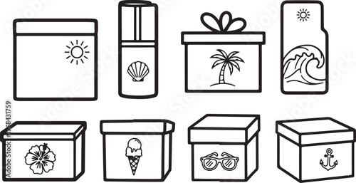 Illustrated collection of eight decorative boxes with nature-themed symbols and designs Vector