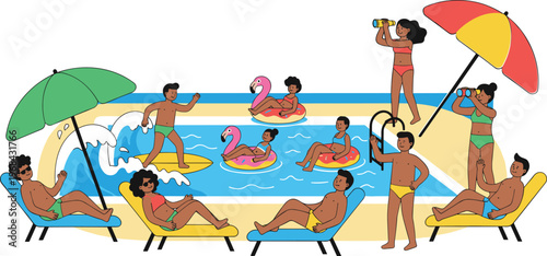 Vector illustration of people enjoying poolside summer activities with swimming, lounging and inflatables