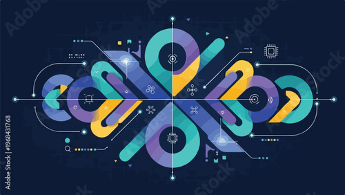 Fényképezés Abstract digital illustration with flowing lines, vibrant colors, and geometric