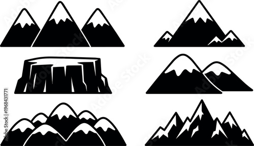 Black and white snow capped mountains and rocky plateau vector art set