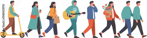 Vector illustration of people in daily lifestyle activities including scooter riding, shopping, music, phone call and casual walking