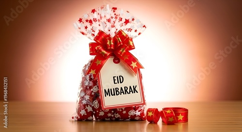 Eid Mubarak gift bag, festive red and white treats, holiday sweets, Islamic celebration
