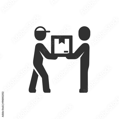 Parcel delivery handover icon. Courier delivering package to customer. Monochrome black and white symbol