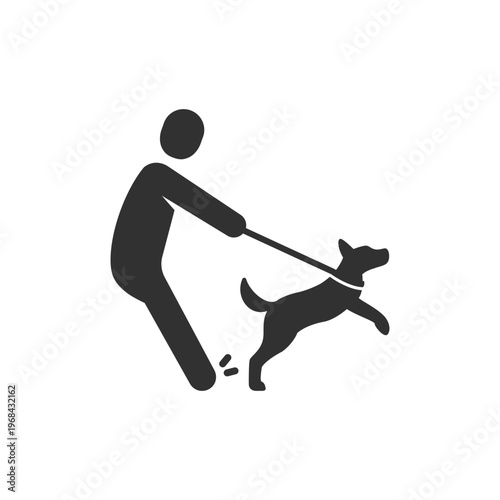 Person holding leash of pulling dog icon. Controlling aggressive or playful dog behavior concept. Monochrome black and white symbol