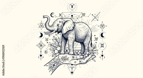 Mystical Elephant Illustration with Zodiac Signs, Sacred Geometry, and Celestial Symbols in Line Art Style