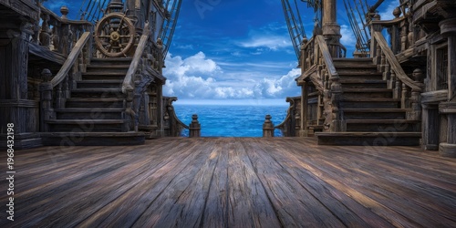 Vintage ship deck ocean view.