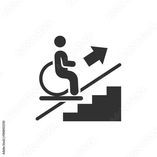 Wheelchair user moving up ramp icon. Accessibility and mobility independence concept. Monochrome black and white symbol