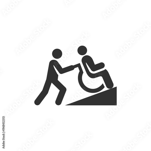 Wheelchair ramp assistance icon. Accessibility support and mobility help concept. Monochrome black and white symbol
