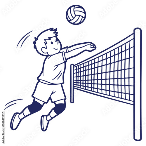Volleyball player spiking the ball over the net in dynamic action vector illustration showing youth and athleticism for sports related designs