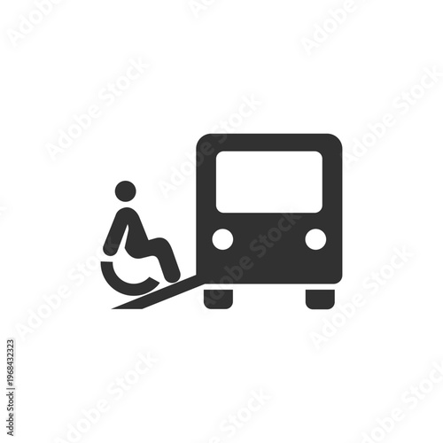 Wheelchair user boarding bus icon. Accessible public transport and mobility assistance concept. Monochrome black and white symbol