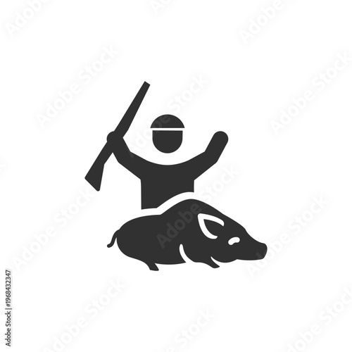 Hunter with rifle and wild boar icon. Wildlife hunting and game hunting concept. Monochrome black and white symbol