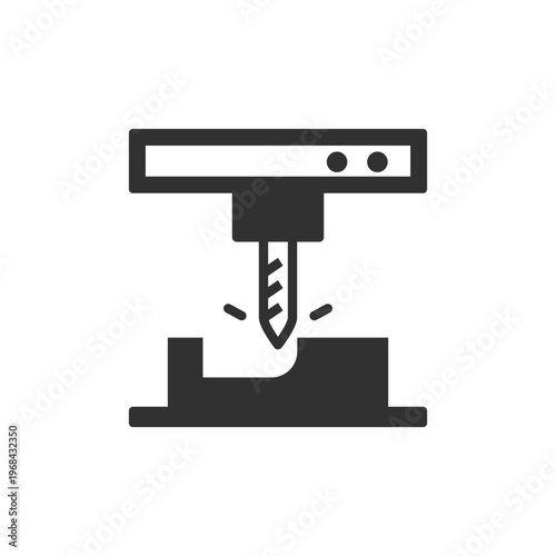 Industrial cutting machine icon. Metal or wood machining and manufacturing process. Monochrome black and white symbol