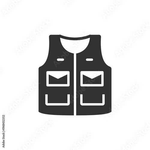 Hunting vest icon. Outdoor hunting equipment and hunter gear concept. Monochrome black and white symbol