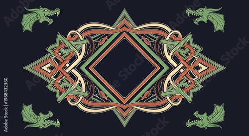 Celtic Knotwork Frame with Green Dragon Heads, Ornate Viking Mythology Border for Fantasy Design