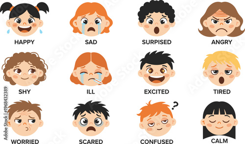 Vector illustration of cartoon faces showing twelve different emotions including happy, sad, angry and surprised