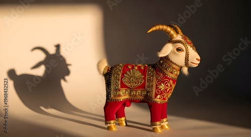 Ornate goat figurine, decorative animal statue, gold and red embellishments, mythical creature model