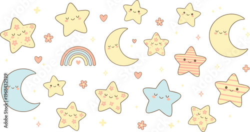 Vector illustration of cute celestial elements including stars, moons, rainbow, hearts and flowers in pastel style