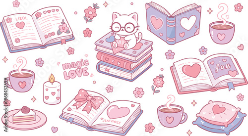 Vector illustration of cute cat with books, coffee, cake and cozy decorative elements in pastel style