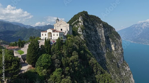 Italian religious architecture: the Montecastello Sanctuary seen from a drone on a bright sunny summer day.