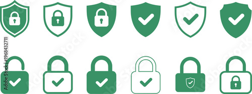 Security shield sign vector illustration, collection of security shield icons with locks representing data safety, access control, and digital security for apps and websites.