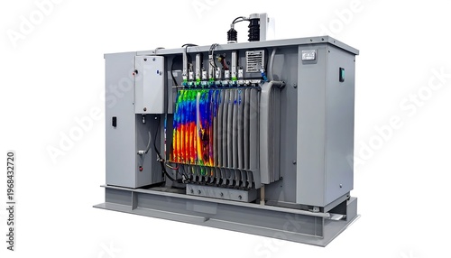 A large, rectangular gray metal electrical cabinet with an open compartment revealing multi-colored wires and internal components