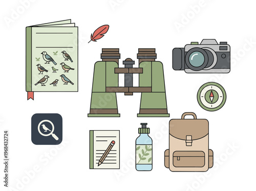 Birdwatching items and adventure gear. Exploring nature, studying wildlife, and observing birds with necessary equipment
