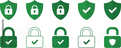 Security shield sign vector illustration, lock security icon set featuring black and white shield symbols for cybersecurity, privacy, and protection concepts.