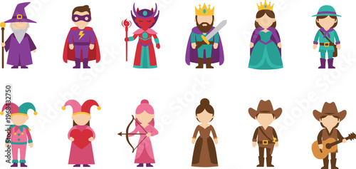 Vector illustration of fantasy and historical characters including wizard, superhero, king, queen, jester, archer and cowboy
