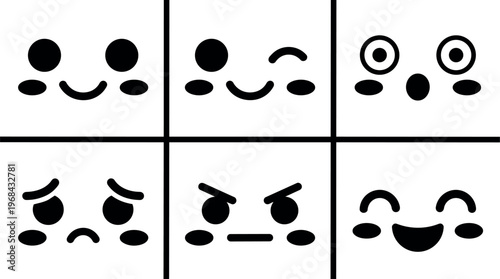 Black and white kawaii faces with different expressions vector art