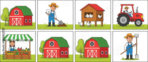 Vector illustration of farm life with barn, farmer, tractor, chicken coop and market stall