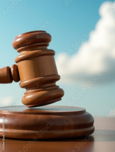 A wooden gavel sitting on a wooden table, suitable for use in illustrations or designs about law, government, or formal events