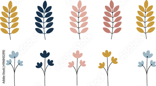 Vector illustration of minimalist botanical elements including leaves and flowers in pastel colors