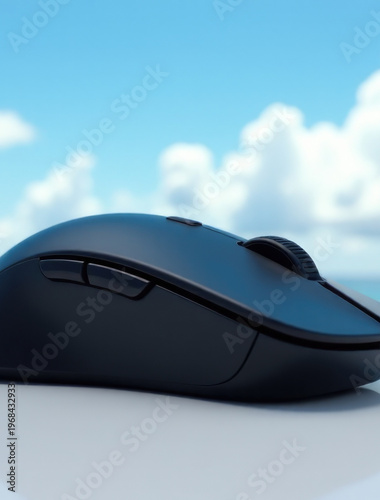A desktop computer mouse sitting on a table surface