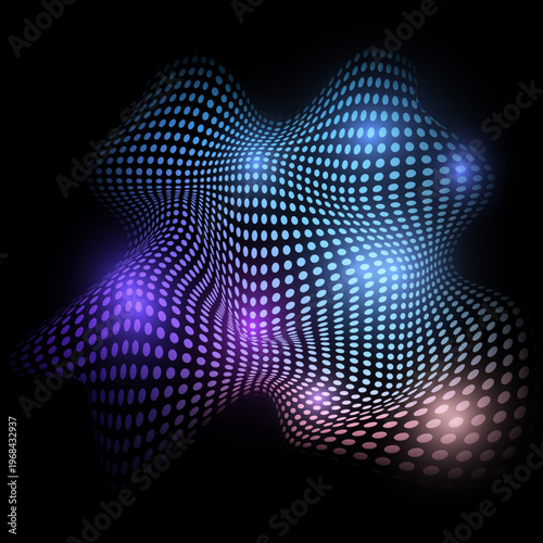 Abstract 3D liquid shape with glowing blue and purple dots. Futuristic organi...