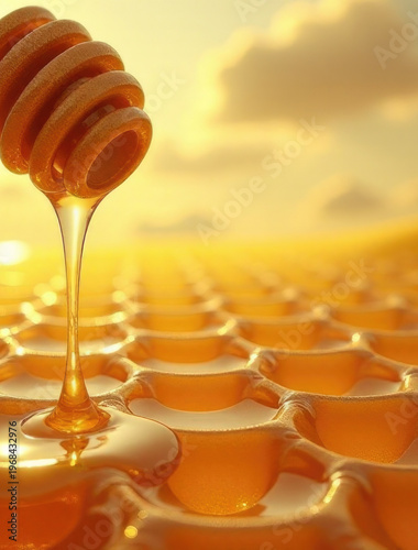 Honey drips from a wooden honey dipper, perfect for food and beverage illustrations