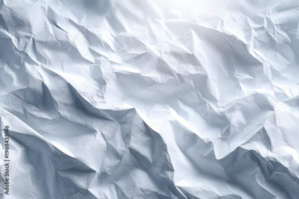 Fototapeta premium Abstract close-up of crumpled white paper texture with dramatic lighting and shadows, creating depth and form.