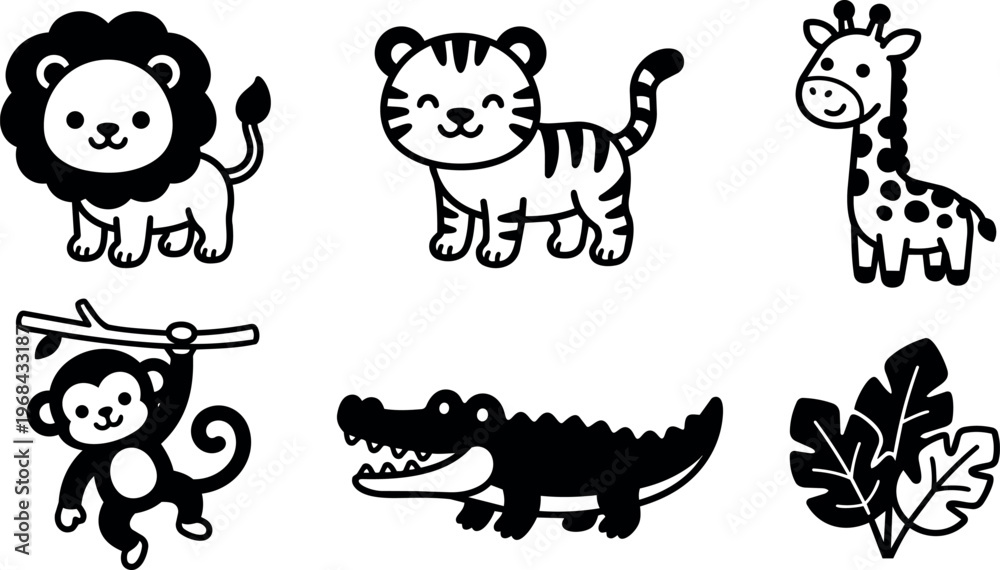 Fototapeta premium Lion tiger giraffe monkey crocodile and leaves