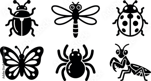 Black and white insect icons set including beetle dragonfly ladybug butterfly spider and praying mantis