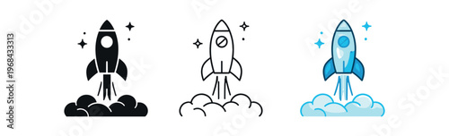 Rocket launch icon set. rocket, launch, takeoff, space, startup, liftoff, growth, innovation. line, flat and colored vector icon set.