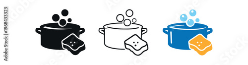 Cooking pot with soap bubbles and sponge icon set. pot, saucepan, washing, cleaning, dishwashing, sponge, soap, suds, bubbles. kitchen, cookware, hygiene. line, flat and colored vector icon set.