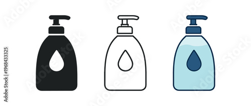 Liquid soap pump bottle icon set. dispenser, hand sanitizer, lotion, hygiene, cleaning, bathroom, kitchen, personal care. line, flat and colored vector icon set.