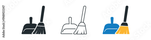 Dustpan and broom icon set. sweep, cleaning tools, floor care, brush, dust removal. line, filled and colored vector icon set.