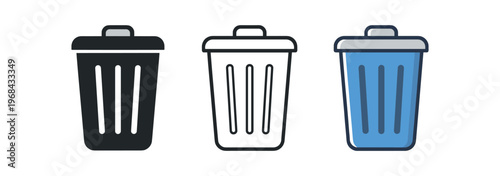 Trash bin waste container icon set. trash, garbage, bin, waste, rubbish, litter, disposal, bin lid, recycle alternative. cleaning, sanitation, emptying, remove. line, flat and colored vector icon set.